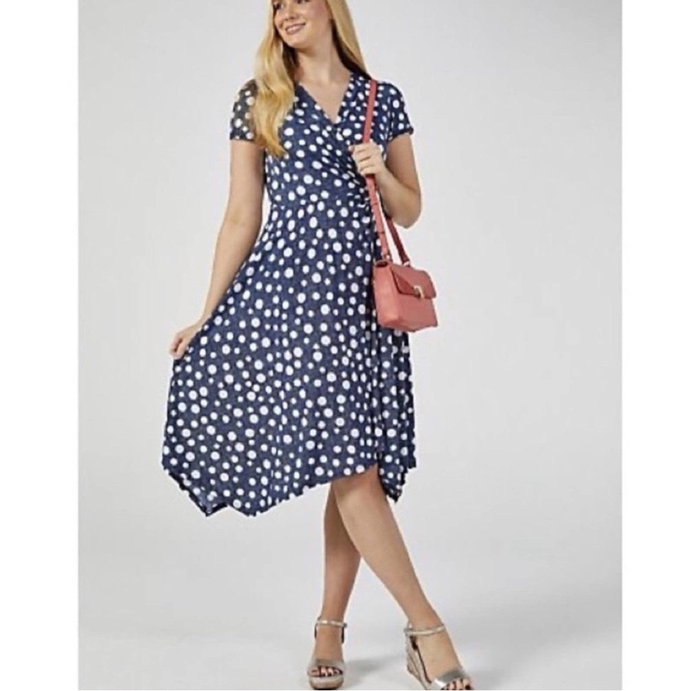 NWT Perceptions Blue & White Polka Dot Short Sleeve Fit & Flare Dress Size L